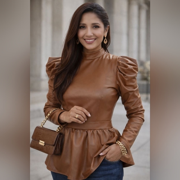 Julia Tops - Brown Faux Leather Top with Puff Sleeves